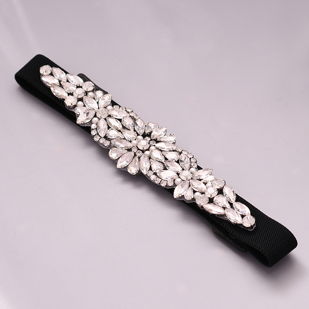 TRiXY S407 Stunning Elastic Belt Crystal Belt Rhinestone Sash Fancy Belt for Girls Women Black Wedding Belts Bridal Sashes