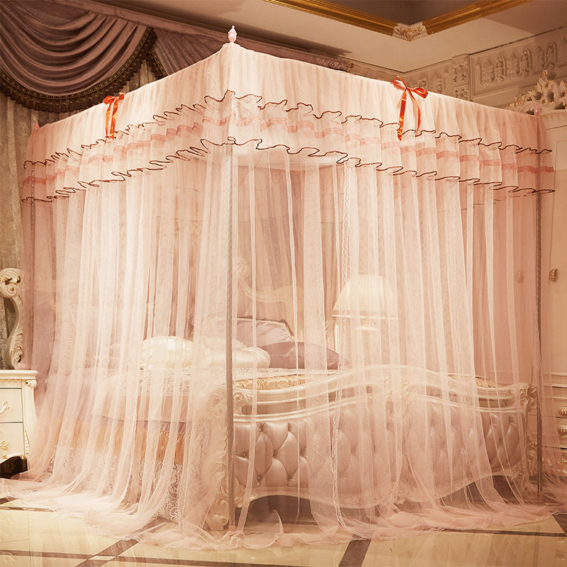 Princess Three-door Mosquito Netting for Bed Pink Palace Mosquito Net King Queen Size Canopy Bed Including Steel Bracket