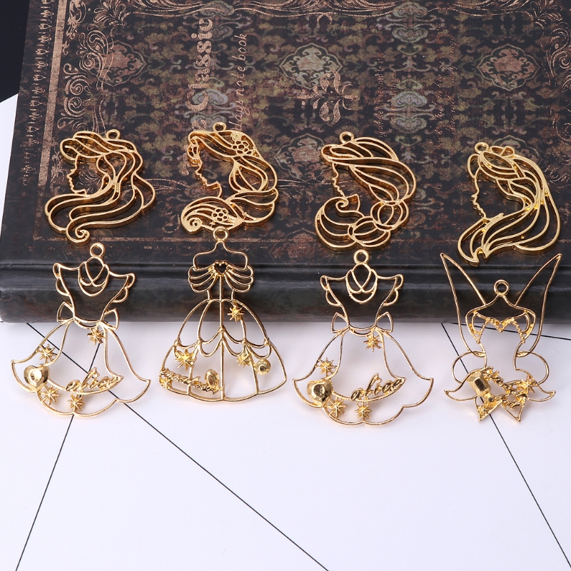 8Pcs Princess Skirts Metal Frame Pendant Gold Charm Bezel Setting Cabochon Setting UV Resin Charm