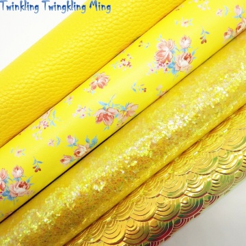 YELLOW Glitter Fabric, Flowers Faux Leather Fabric, Mermaid Synthetic Leather Sheets For Bows A4 8