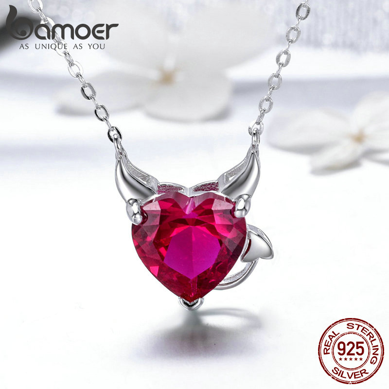 BAMOER Authentic 925 Sterling Silver Red CZ Evil And Angel Pendant Necklace Earrings Jewelry Set Sterling Silver Jewelry ZH067