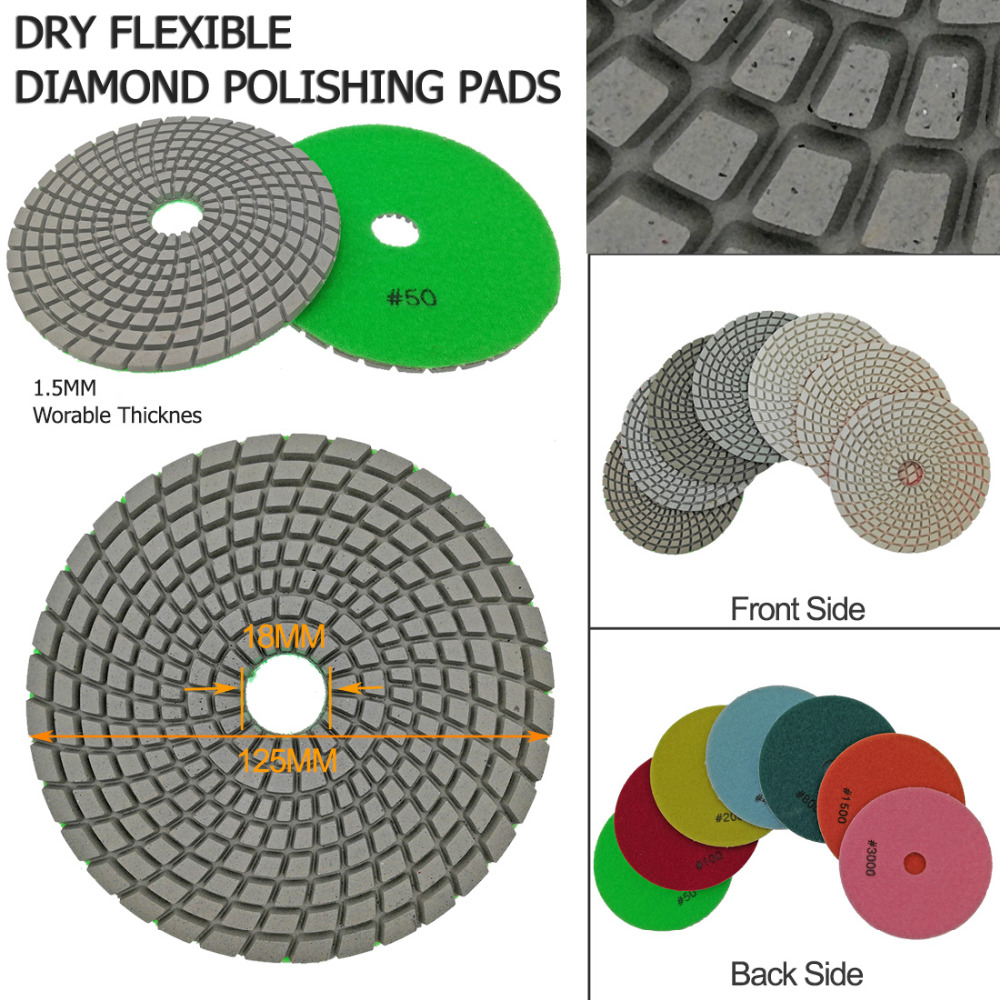 DIATOOL 7pcs/set + Backer 125MM Diamond Flexible Polishing Pads For Stone, Granite&marble, White Bond, Stone Sanding Discs