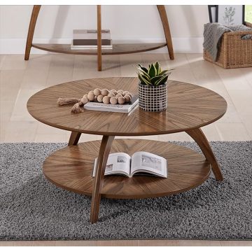 Elegant Walnut Wood Grain Round Coffee Table