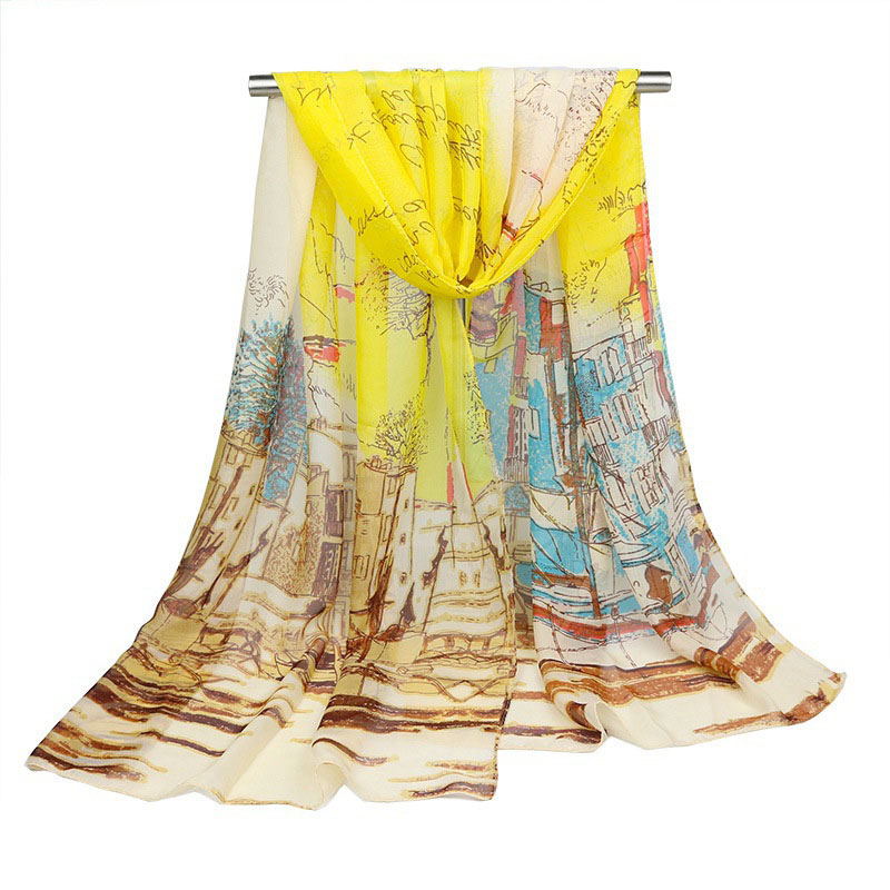 Summer Scarves Woman 2018 Thin Chiffon Scarf Sailboat Oil Painting Silk Scarf Colorblock Gradient Long Section hijab Beach Towel