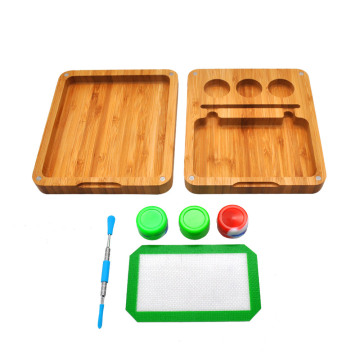 Wood Rolling Tray Set Smoking Accessories Kit Bamboo Weed Tray Tobacco Wax Jar Container Dab Tool Silicone Non-Stick Dab Mat