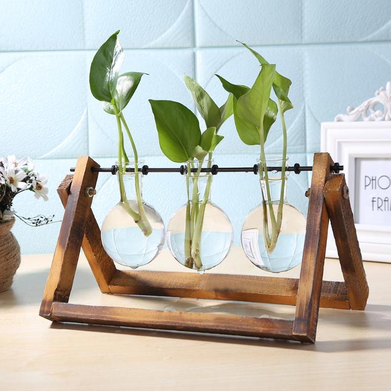 Glass Wood Vase Planter Terrarium Table Desktop Hydroponics Plant Bonsai Flower Pot Hanging Pots with Wooden Tray Home Decor