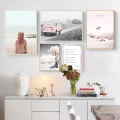 SURE LIFE Pink Seascape Bus Healing Girl Canvas Paintings Free Sky Birds Wall Art Pictures Letters Posters Living Room Decor