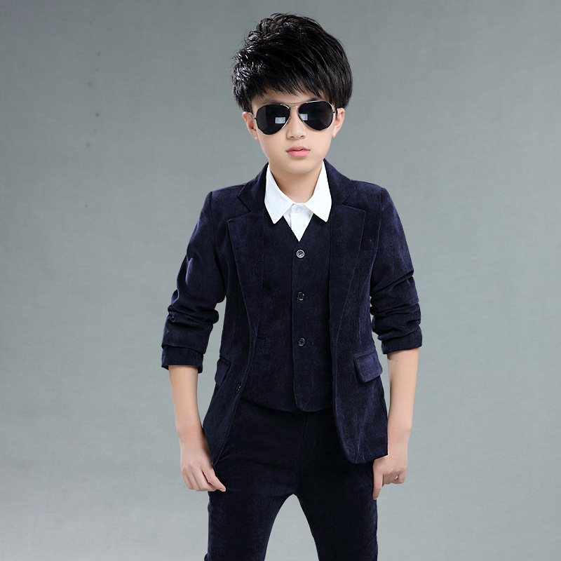 2019 wedding Boys suit Outfits Autumn blue/khaki Clothing sets Boys blazer suit Corduroy Occasion Formal Suits jacket+vest+pants