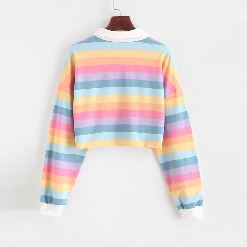 Women's Sweatshirt Color Stripe Button Long Sleeve Pullover Hoodies Sweatshirt Tops Blouse Female Tops Women Hoodies #A9