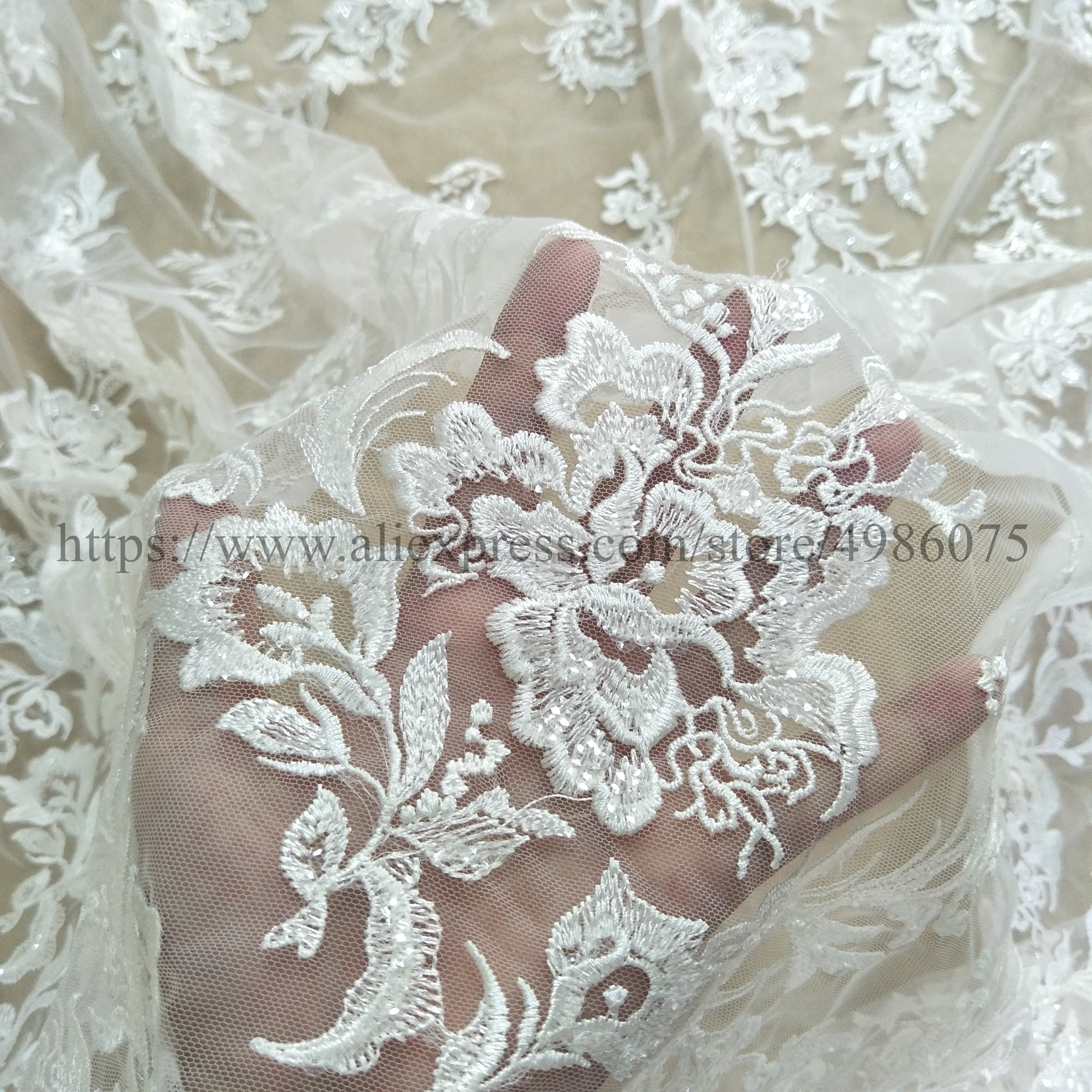 2021New arrival fashion dress lace fabric sequins lace fabric 130cm width bridal lace fabric sell by yard