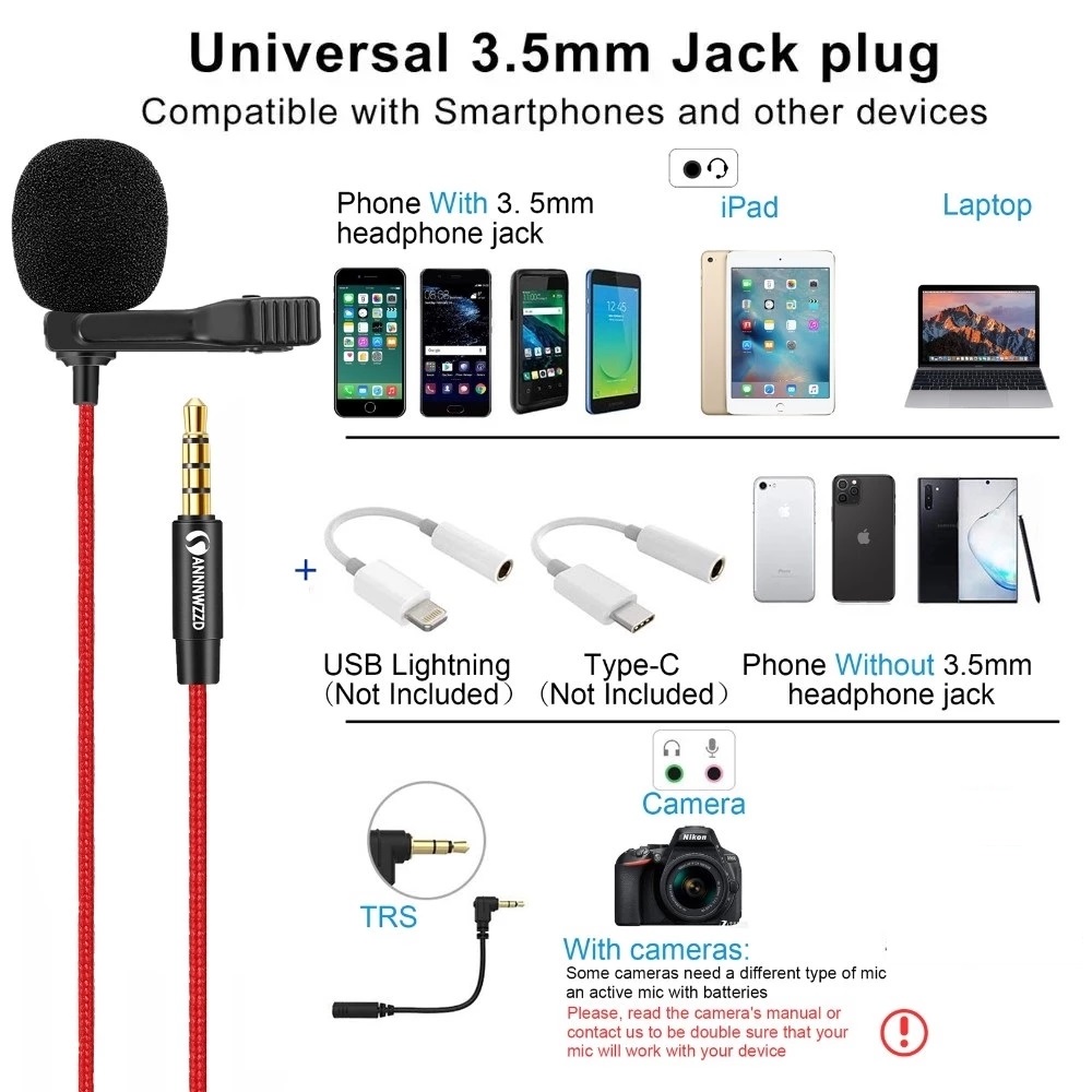 3.5mm Lavalier Microphone Omnidirectional Condenser Microphone with 360°High Sensitivity Condenser Support for Smartphone