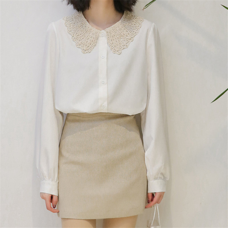 HziriP Lace Hook Flowers Full Sleeves Basic Korean 2020 Solid Brief Girls Hot Sale Sweet Casual Women Loose Office Lady Shirts