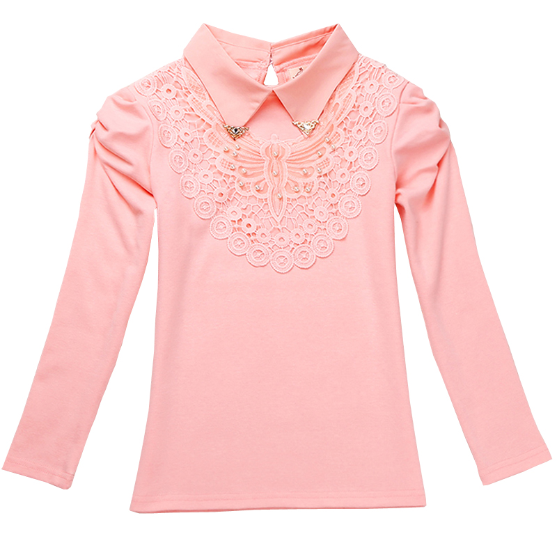 School Girls Beautiful Blouse Shirts New Autumn Fashion Kids Solid Turn-Down Lace Flower Blouses High Quality Children Cotton