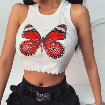 Summer White Y2K E-girl Tops Vest Tank Pure Color Halter Crop Tops Casual Sexy Butterfly Embroidered Short Slim Sleeveless