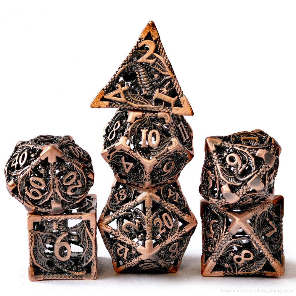 Hollowed DND Metal Dice Featured with 3D Dragon, Hollow Metal Dice