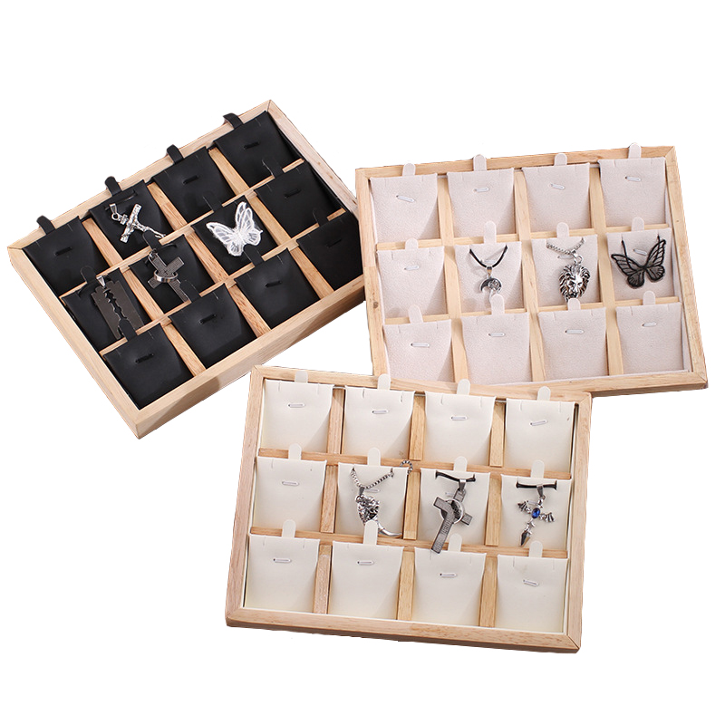12 Grids Wooden Necklace Jewelry Display Storage Tray Velvet/PU Leather Pendant Display Showcase 25cm*19cm*2.3cm