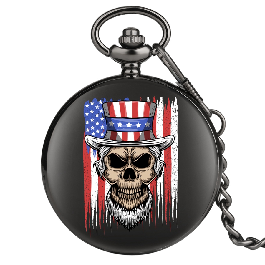 American Flag Skull Prints Quartz Pocket Watch Chain Men Women Art Antique Gifts Analog Clock Reloj De Bolsillo Dropshipping