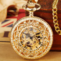 Antique Gold Mechanical Pocket Watch With Chain Steampunk Skeleton Hollow Hand-winding Pendant Clock Men Women Gold Bronze Gift