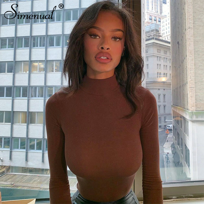 Simenual Turtleneck Solid Casual Long Sleeve Women T Shirts Autumn 2020 Fashion Bodycon Top Brown Skinny Femme Street Style Tees