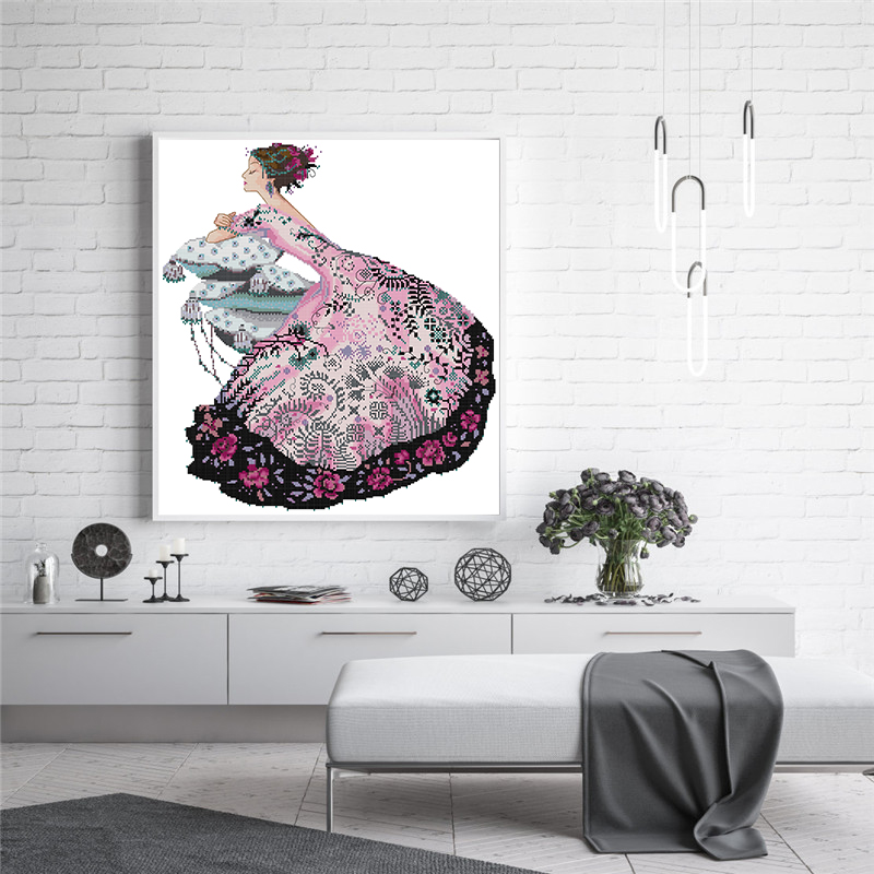 Woman in floral Dress Patterns 11CT Printed Fabric 14CT Counted Canvas DMC Cross Stitch Kits Embroidery Needlework Home Decor