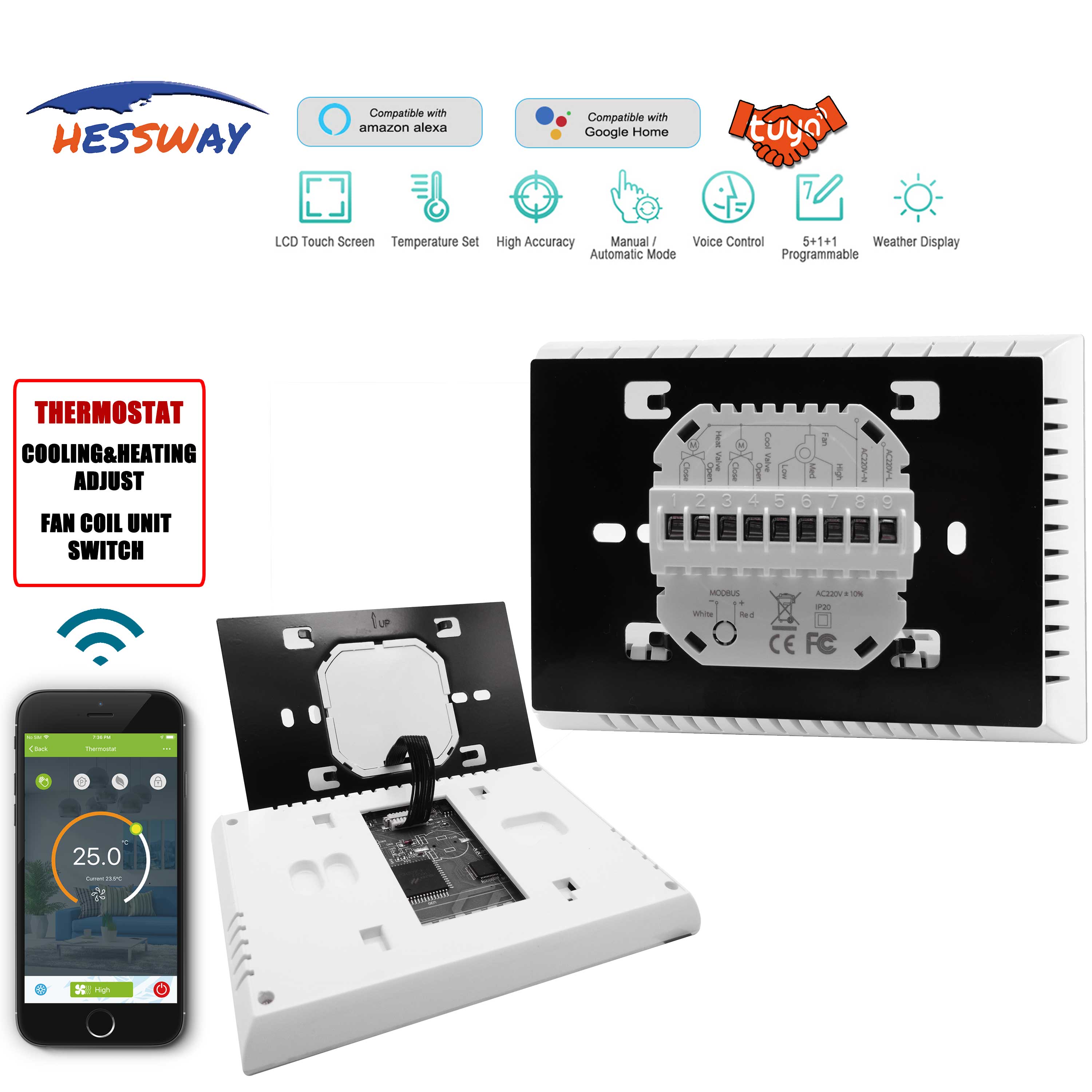 TUYA Fan Coil Unit 2P&4P Smart Thermostat Wifi Temperature Controller for Integrated with Amazon Echo, Google Home