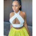 CM.YAYA women summer sexy cut out open back halter neck party club crop tops beach knitted camis tops