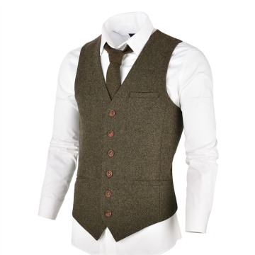 VOBOOM Khaki Tweed Mens Vest Suit Slim Fit Wool Blend Single Breasted Herringbone Waistcoat Men Waist Coat for Man 007