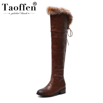 TAOFFEN Size 34-48 Pu Leather High Quality Plush Fur Over The Knee Boots Low Heels Zipper Winter Outdoor Snow Boots Footwear