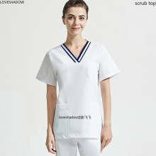 Women Scrub Top Short Sleeve Nurse Uniforms V Neck Cotton Doctor Workwear Dentist Costume Hospital Gown Big Pocket Nurse Uniform