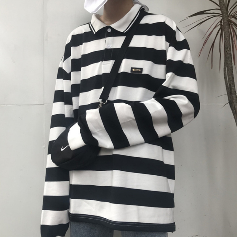 2019 Spring New ulzzang Harajuku bf polo shirt oversized tee-shirt top retro striped loose long sleeve women's t-shirt