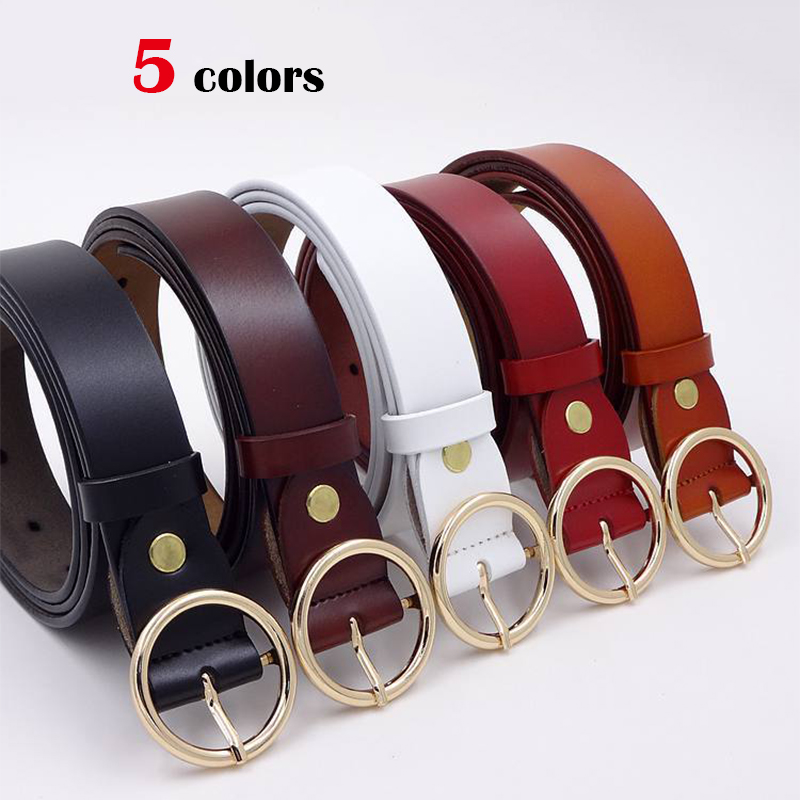 MEDYLA Women's Leather Belt Gold Round Buckle Natural Leather Belts for Women Simple Casual 5 Colors Decorative Waist Belt
