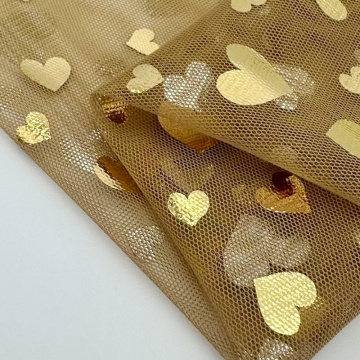 Gold Heart Foil Print Polyester Tulle Fabric