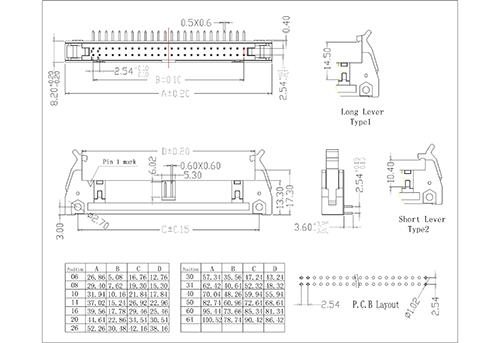 0.100" (2.54mm) Ejector Header Solder Angle Through Hole with Lever