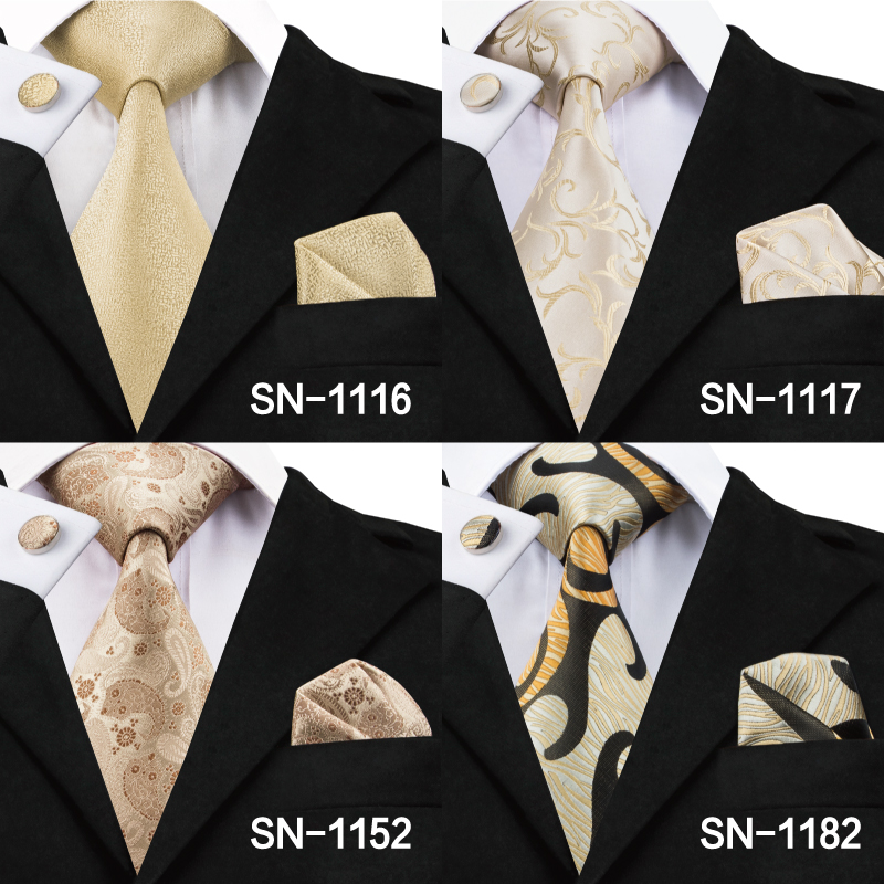 SN-1036 Yellow Floral Tie Hanky Cufflinks Set Men's 100% Silk Gold Ties for men Formal Male Necktie Wedding Party Groom Corbatas