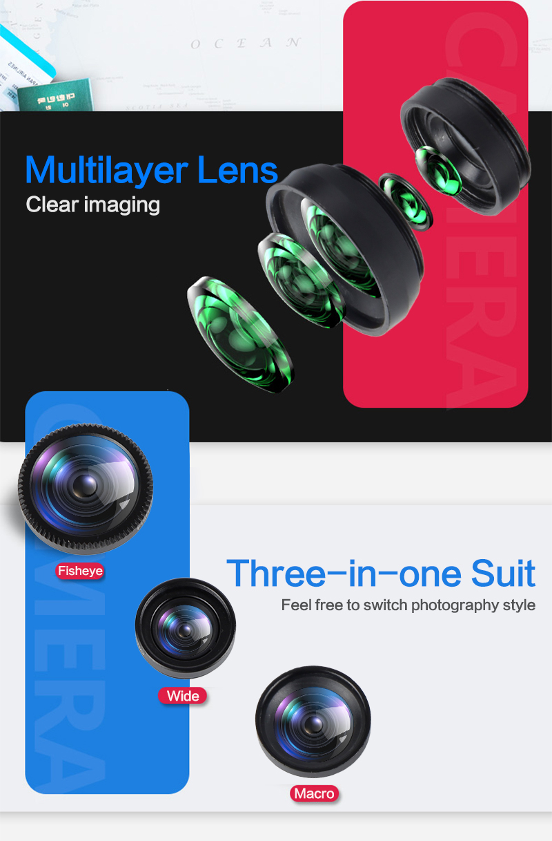 phone Back cover Lens 3 In 1 Lenses Wide Angle Lens For IPhone Xiaomi Huawei Macro Lenses Camera Kits Mobile Phone Clip Lens