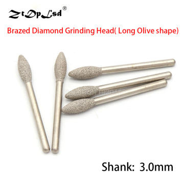 1Pcs 3MM Shank Brazed Diamond Grinding Head Jade Peeled Flat Jaw Stone Engraving Grit 46 Long Olive Shape Burrs Carving Bits