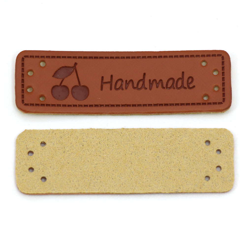 50Pcs Handmade Tags Cherry Labels For Clothes Hand Made PU Leather Sewing Materials Brown Handmade Tags DIY Crafts For Bag/Shoes