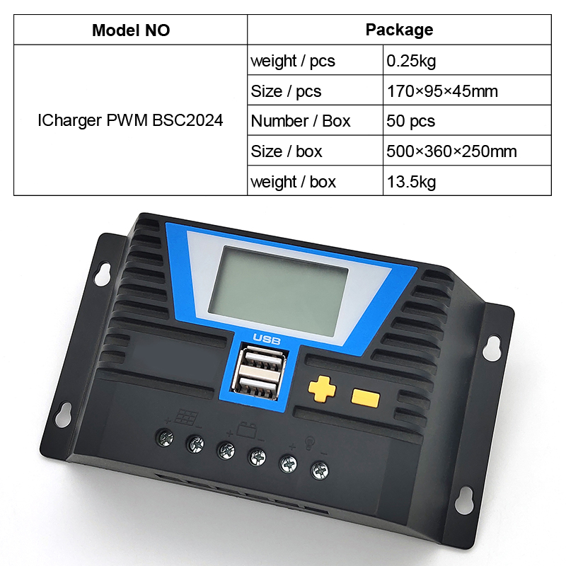 PWM Solar Controller 20A Solar Charger Controller Panel 24V USB Output 5V/2A ×2 Auto Backlight LiFePO4 lithium Battery