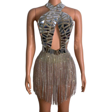 Sparkly Mirror Halter hollow Dress Prom Evening Sexy Bag hip tassel Costume Birthday Bar nightclub stage costumes