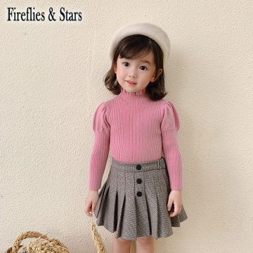 Spring Autumn Girls Sweater Baby Knitwear Kids Knitted Tops Children Clothes New Puff Half Lantern Sleeve Turtleneck 2 To 7 Yrs