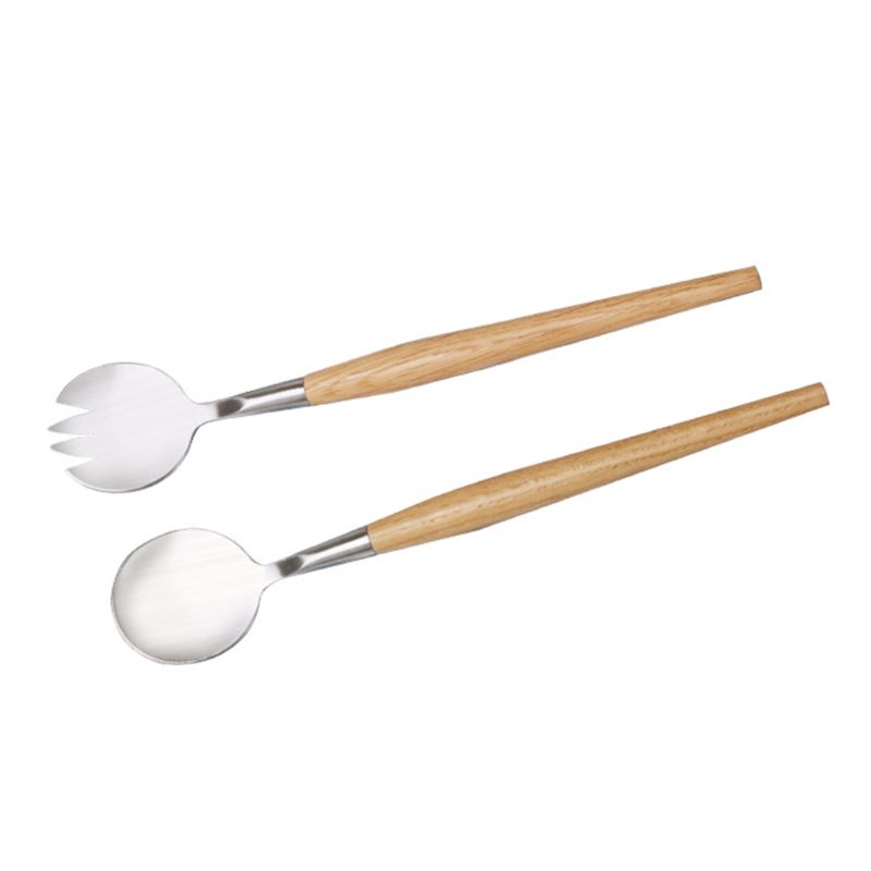 2 Pcs Salad Spoon Fork with Long Wooden Handle Set Stainless Steel Dessert Tool Dropshipping