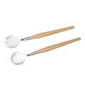 2 Pcs Salad Spoon Fork with Long Wooden Handle Set Stainless Steel Dessert Tool Dropshipping