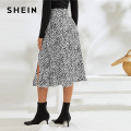 SHEIN Black And White All Over Print Split Thigh Sexy Skirt Women Bottoms 2019 Autumn Fashion Ladies Zipper Midi A Line Skirts