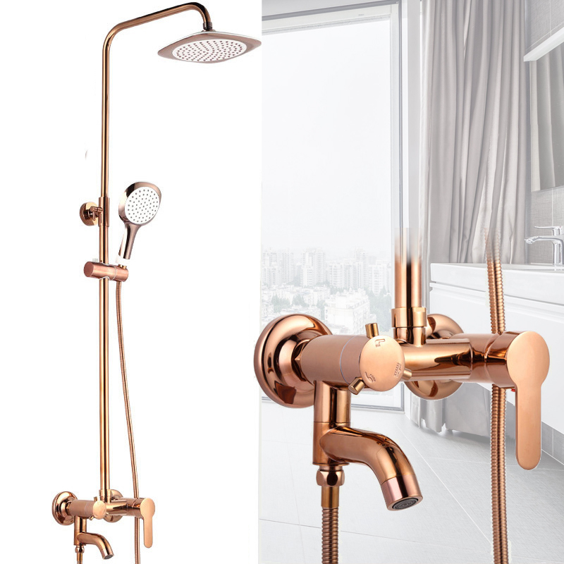Modern Fashionable Brass Rose Golden Wall Mounted Shower Faucet Set Rose Gold Bathroom Shower Bath Mixer Tap ST342