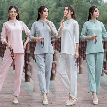 Summer Women Yoga Set Chinese Traditional Kung Fu Tai Chi Uniform Martial Arts Meditation Wear Wide Leg Loose Yoga Pant shirt
