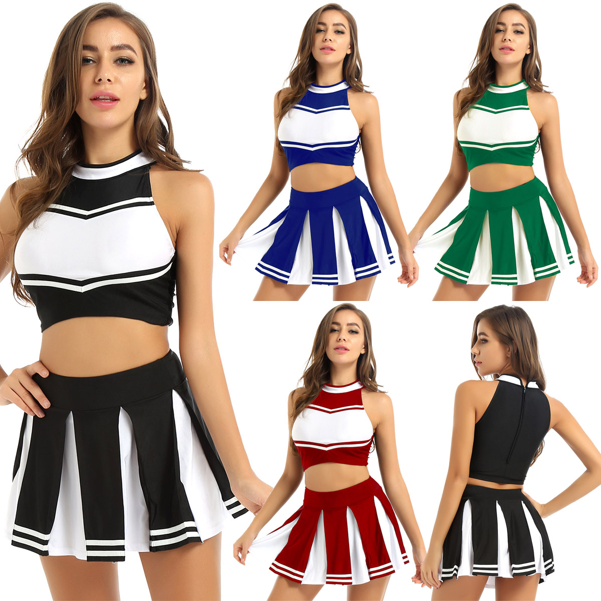 Women Adults Cheerleader Uniform Performance Outfit Japanese Schoolgirl Cosplay Costume Sleeveless Crop Top Mini Pleated Skirt