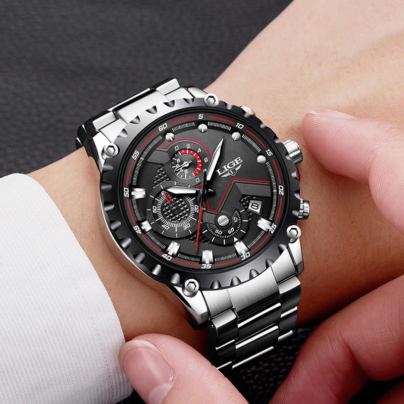 2020 LIGE Fashion Mens Watches Top Luxury Brand Silver Stainless Steel 30m Waterproof Quartz Watch Men Army Military Chronograph