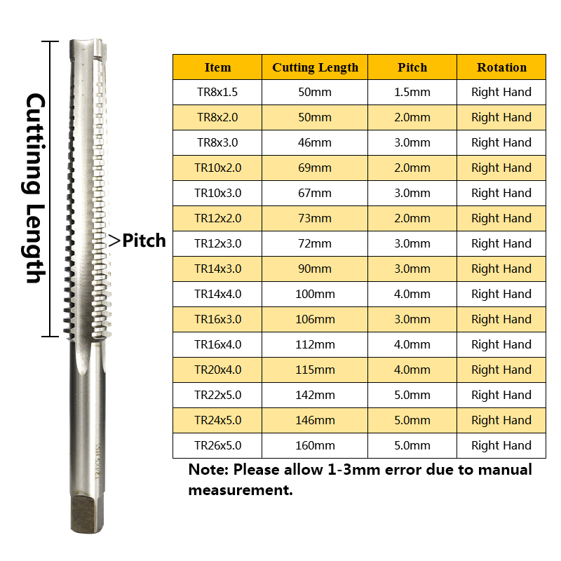 Hampton 1pc TR8-TR26 Trapezoidal Thread Tap For Metal Left/Right Hand Screw Tap Drill Bit High Speed Steel Machine Tap Plug Tap