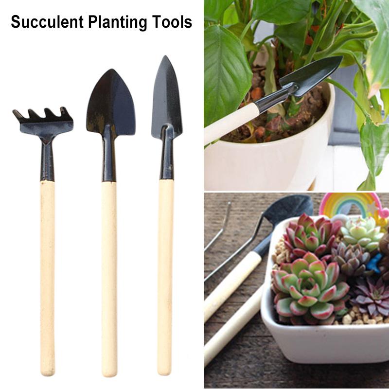 3 pcs Mini Garden Tool Set Bonsai Tools Set Garden Shovel Rake Wooden Handle Planting Tool Metal Head Gardener