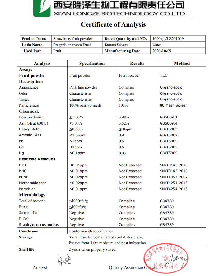 COA for strawberry fruit powder